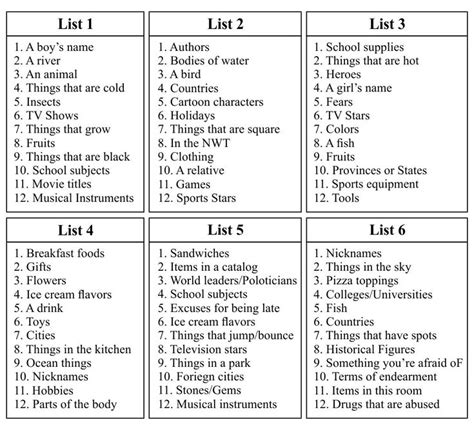 Printable Scattergories Lists 1 | Scattergories lists, Scattergories ...