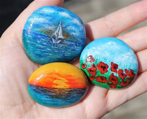 3 Hand Painted rocks stone,pebble art,garden acrylic painting stones,poppy painting | Painted ...