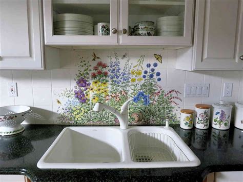 Joyces Floral Garden backsplash tile mural, view of the kitchen decor. | Kitchen tiles ...