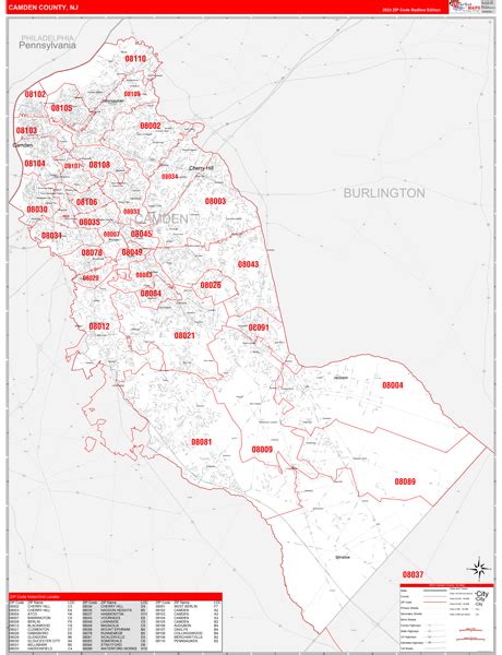 Camden County, NJ Zip Code Wall Map Red Line Style by MarketMAPS - MapSales