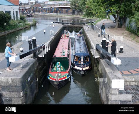 Canal boats or barges in Hawley Lock, near Camden Lock, in Camden Town, London, England Stock ...