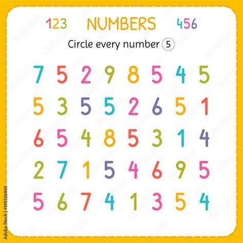 Circle every number Five. Numbers for kids. Worksheet for kindergarten ...