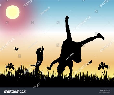 Silhouette Of Girl Doing A Cartwheel With Her Dog At Sunset Stock Photo 9798262 : Shutterstock