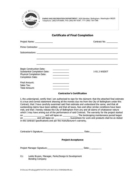 Certificate Of Completion Construction - Free Printable Documents