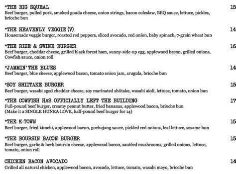 Menu at The Cowfish restaurant, Orlando