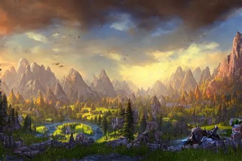 world of warcraft environment with trees and a | Stable Diffusion