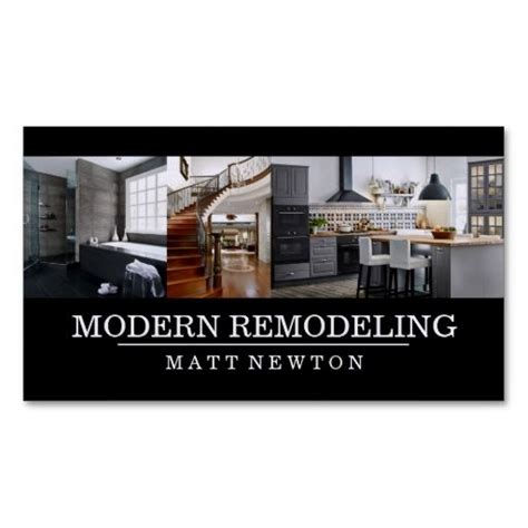 modern remodeling business card with photos and caption in black on white