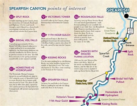 Spearfish Canyon map w/ scenic byway, hiking trails, waterfalls, + more stops on the drive ...