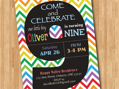 Rainbow 9th Birthday Invitation. Colorful Chevron Birthday | Etsy