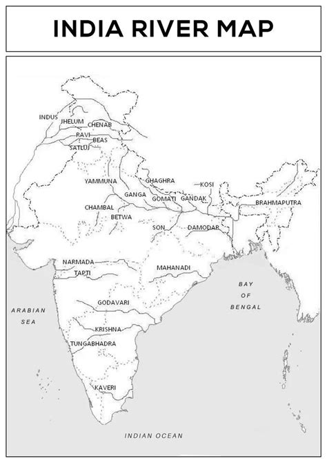 india river map with the major rivers in black and white