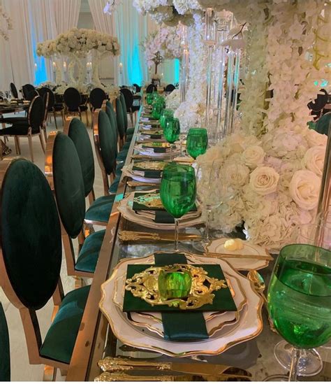 Green, gold, and cream dinner party or wedding reception decor | Emerald green wedding theme ...