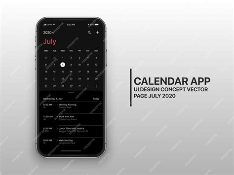 Premium Vector | Dark mode calendar app ui ux concept page july