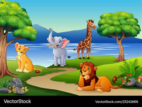 Happy animals cartoon on the nature scene Vector Image