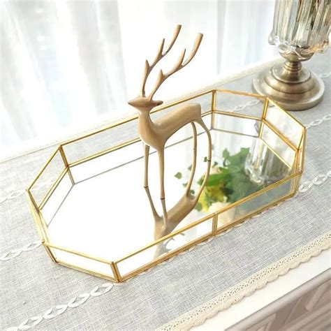 Metal Mirrored Ornate Decorative Tray Jewelry Tray Champagne Gold Finish-in Storage Boxes & Bins ...