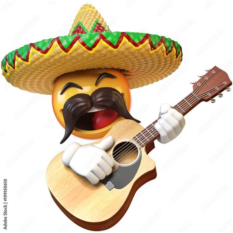 Mexican emoji playing guitar isolated on white background, emoticon mariachi with sombrero and ...