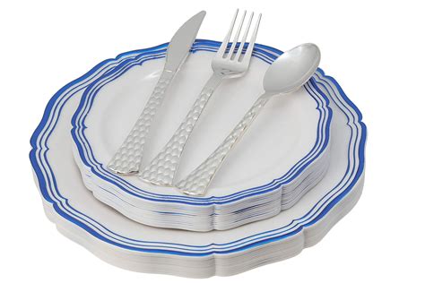 White Blue Plastic Plates & Cutlery Set, 100 Piece Elegant Disposable ...