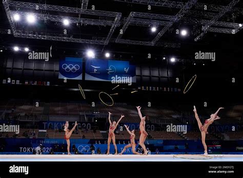 Russian Olympic Committee's rhythmic gymnastics' team performs during ...