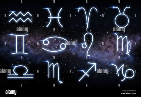 set of zodiac signs over night sky and galaxy Stock Photo - Alamy