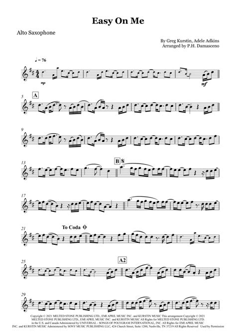 Easy On Me (arr. P.H. Damasceno) by Adele Sheet Music for Alto Sax Solo at Sheet Music Direct