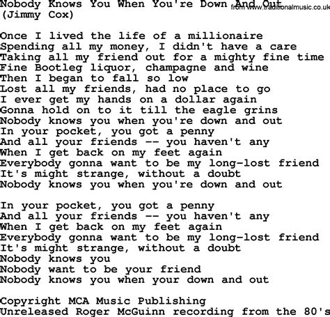 Nobody Knows You When You're Down And Out, by The Byrds - lyrics with pdf