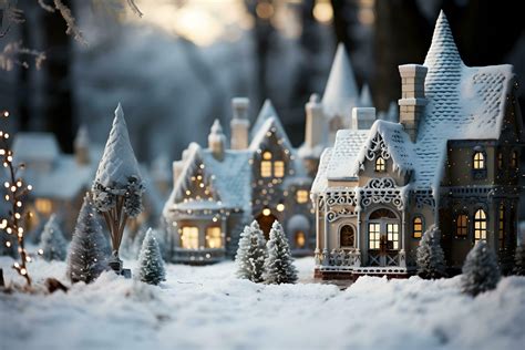 Christmas village with Snow in vintage style. Winter Village Landscape ...