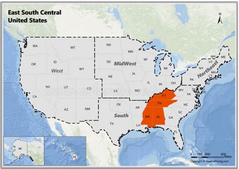 Map of East South Central States - Division of Southern US