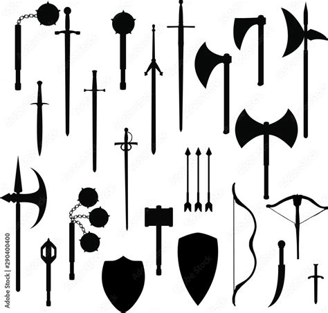 Vetor do Stock: Medieval weapons silhouette Clip Art. Vector Illustration Set. | Adobe Stock