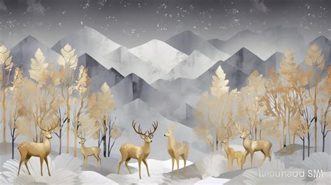 Snowy Snow Gold Deers In The Landscape With Mountains Backgrounds | JPG ...