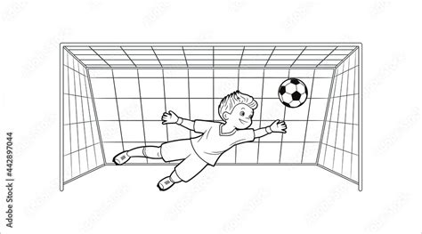 Vecteur Stock Coloring book young soccer player goalkeeper catches ...