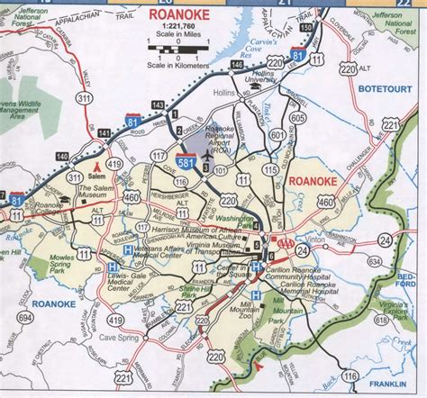 Roanoke VA roads map.Free printable highway map Roanoke city surrounding area