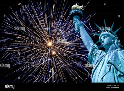 Statue of Liberty, night sky with fireworks, New York, USA Stock Photo ...