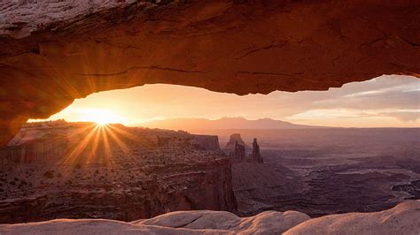 HD wallpaper: arch, sunset, sunrise, landscape, desert, lens flare ...