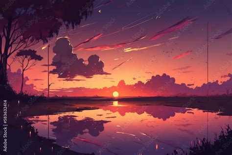 Anime scene of landscape with sunset and sky view. Digital painting ...