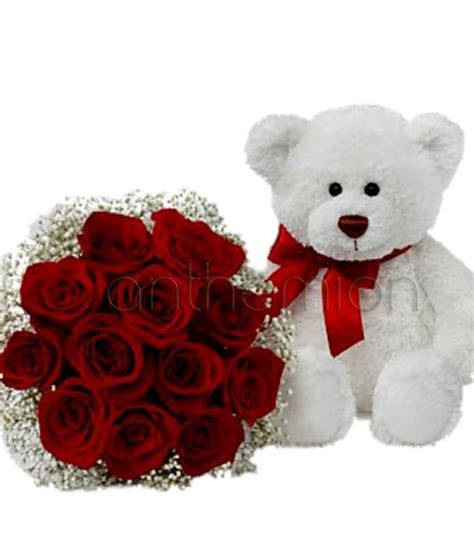 White Teddy Bear Images With Roses