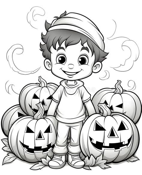 Smiling Boy and Jack-o-lantern Pumpkins., Halloween Black and White ...