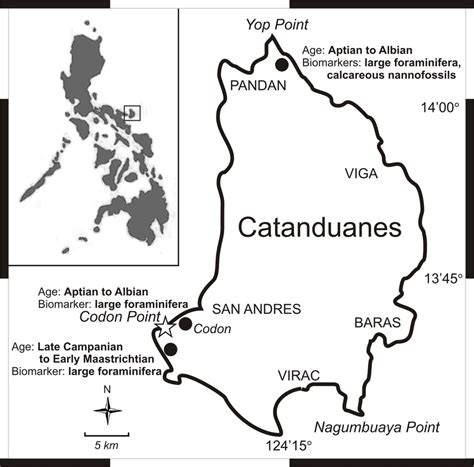 Map of Catanduanes showing the ages of the limestones around the area ...