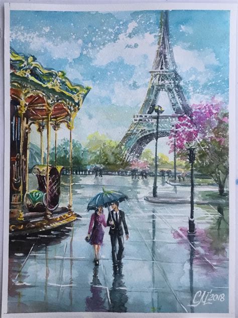 Orignal Painting Paris Watercolor painting rainy street Paris | Etsy