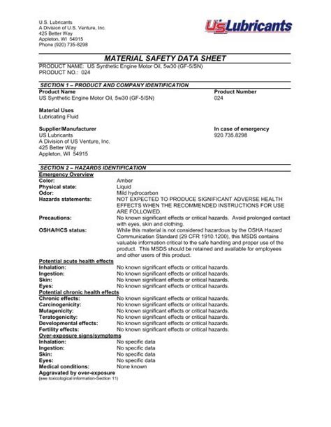 MSDS - US Lubricants