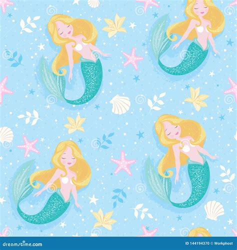 Mermaid Pattern on Blue Background. for Kids Fashion Artwork, Children ...