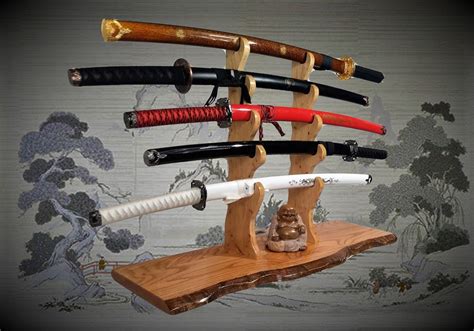 Solid Rustic Oak Katana Sword Stand, Hickory Holders, Mantel Desk Top Japanese Samurai Decor ...