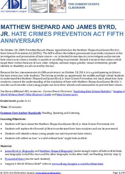 Matthew Shepard and James Byrd, Jr., Hate Crimes Prevention Act Lesson Plan for 6th - 12th Grade ...