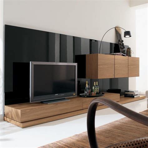 Furniture. Modern Italian Style Living Room Wall TV Unit In Walnut Veneer And Black Nero Gloss ...