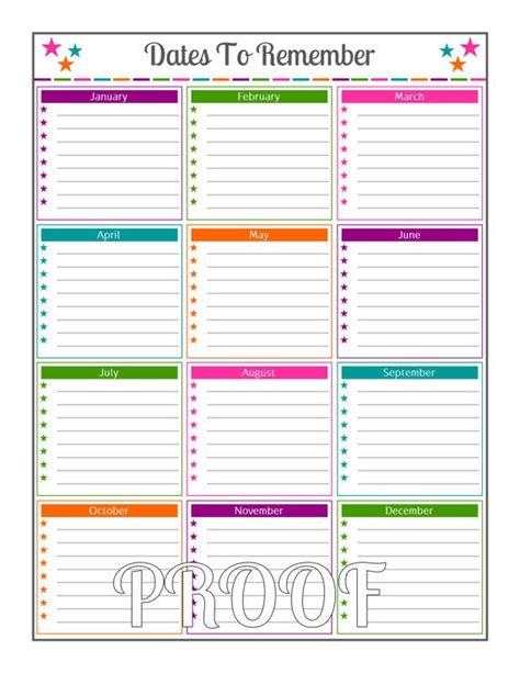 Important Dates 1 Page Instant Download PDF Printable - Etsy | Happy planner printables, Kids ...