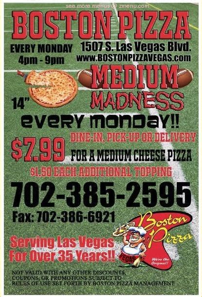 Menu at Boston Pizza Vegas pizzeria, Las Vegas
