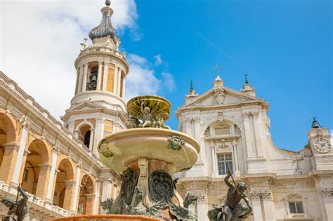 Loreto Basilica in Sunny Day, Fountain and Tower, Italy Stock Photo ...