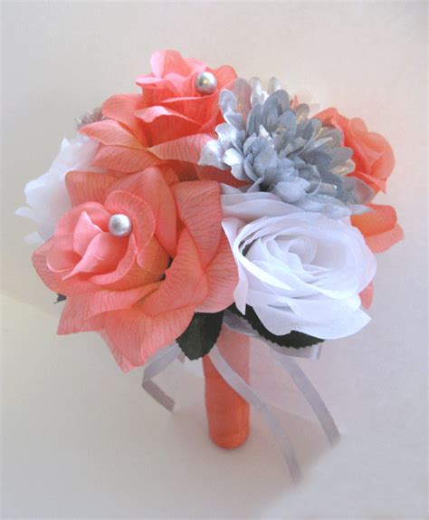 Coral Silver Gray | Roses and Dreams | Rose wedding decorations, White roses wedding, Silk ...