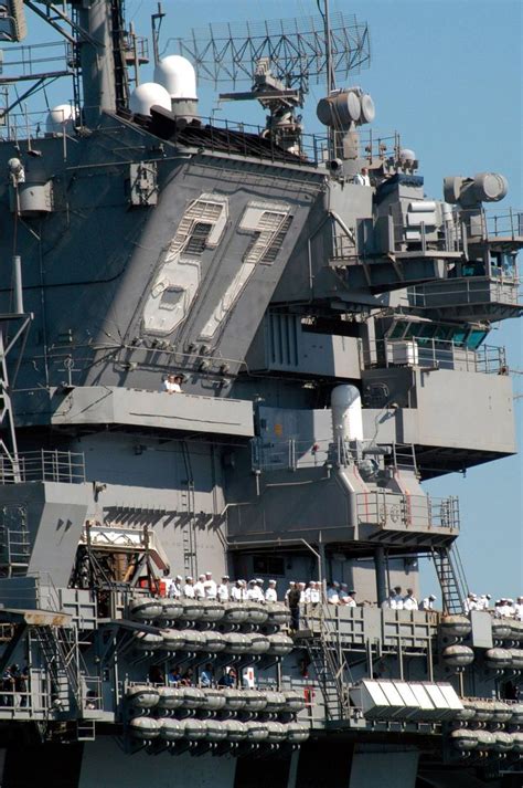 A close up view of the island superstructure aboard U.S. Navy aircraft carrier, USS John F ...