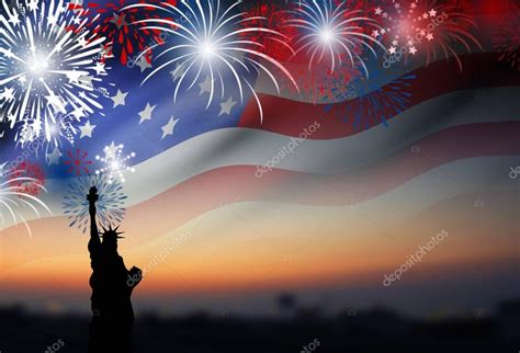 American flag with fireworks at twilight background design for 4 july independence day or other ...