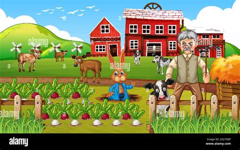 Farm at daytime scene with old farmer man and farm animals illustration ...