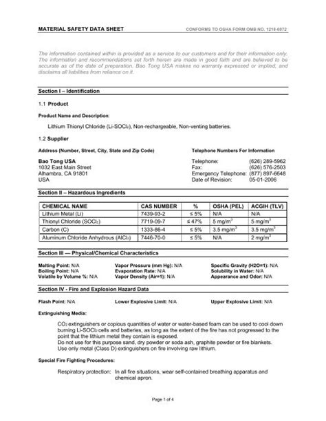 Lithium Ion Battery Msds Sheets